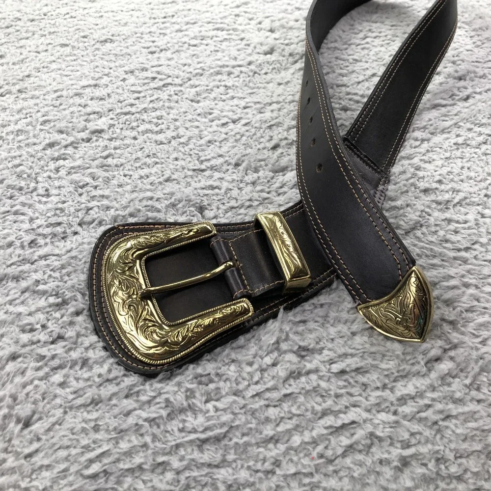 Avignon Belt Womens Small Brown Leather Western Wide Gold Engraved Buckle 571